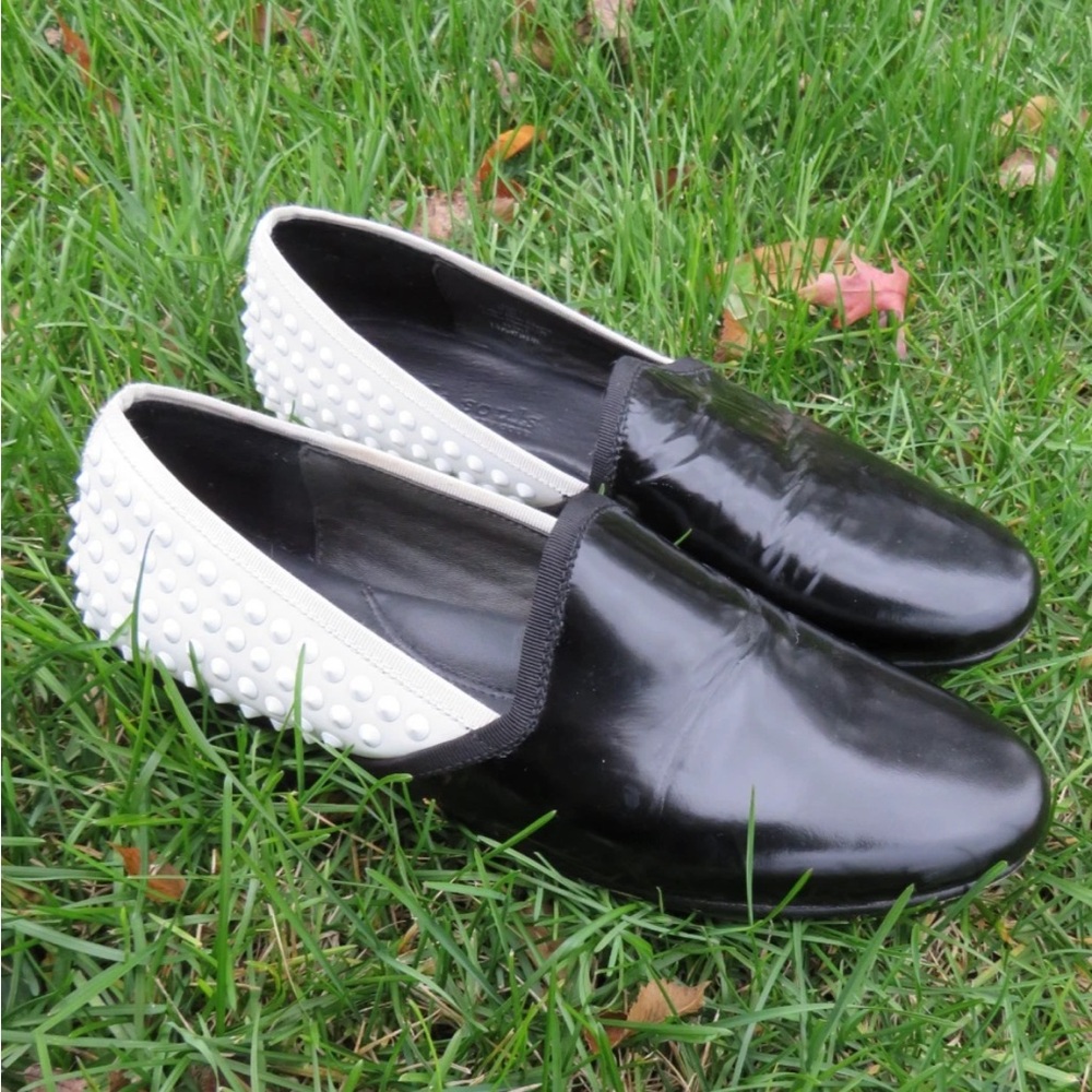 Gentle Souls Black Patent Leather and White Studded Loafers